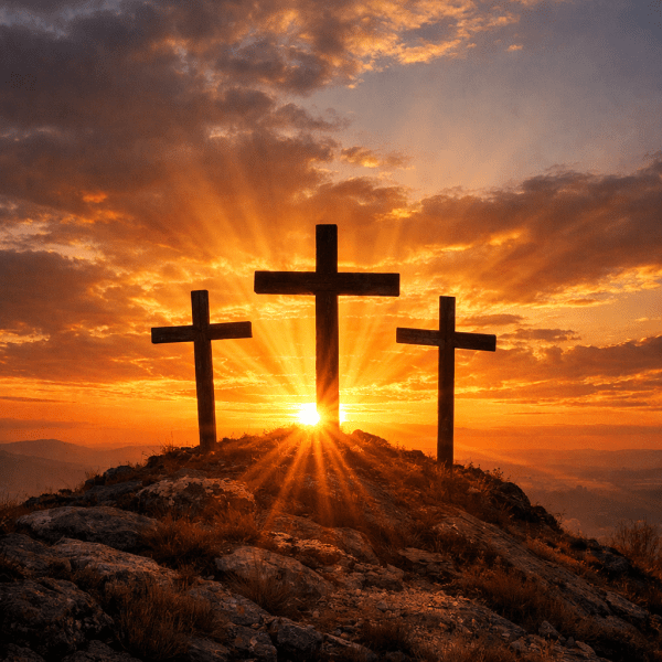 Three wooden crosses silhouetted against a colorful sunrise on a rocky hilltop