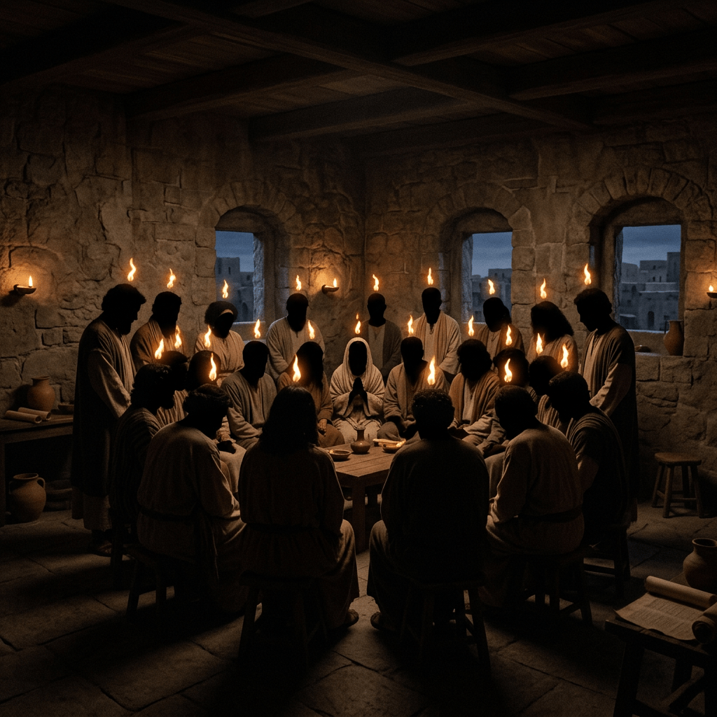 People seated around a table in a stone room, each with a small flame above their heads