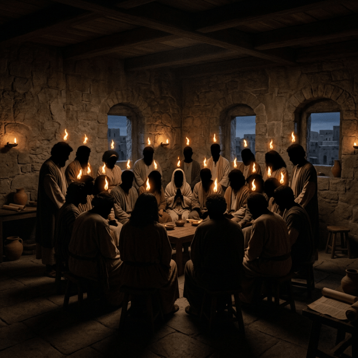 People seated around a table in a stone room, each with a small flame above their heads