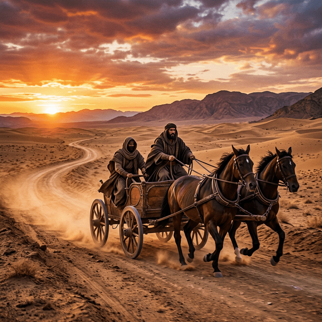 Two men in robes riding a horse-drawn wooden chariot through a sandy desert at sunset