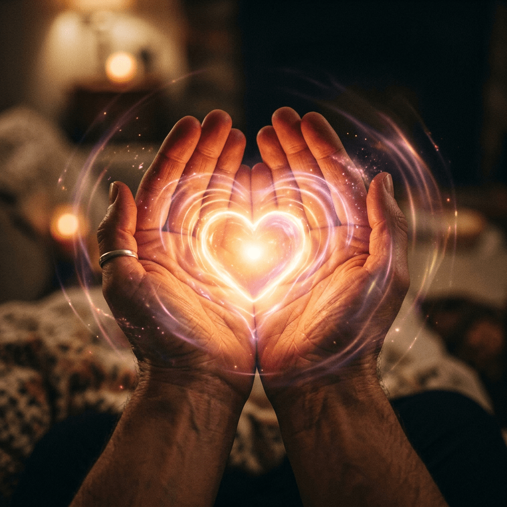 Hands cupped around a glowing heart with radiant light effects
