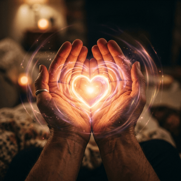 Hands cupped around a glowing heart with radiant light effects