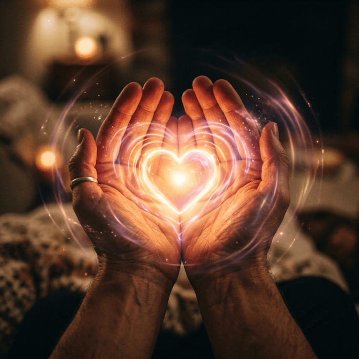 Hands cupped around a glowing heart with radiant light effects