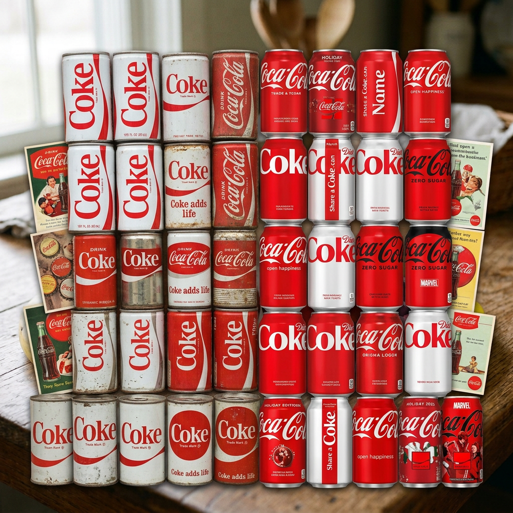 Multiple Coca-Cola cans arranged in a grid showing vintage and modern designs