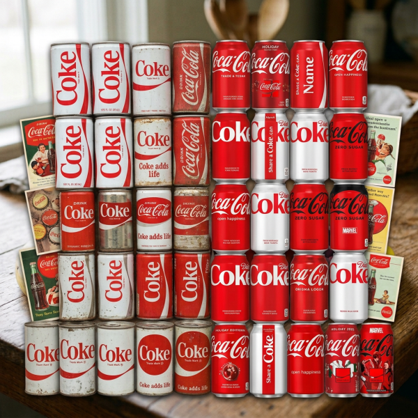 Multiple Coca-Cola cans arranged in a grid showing vintage and modern designs