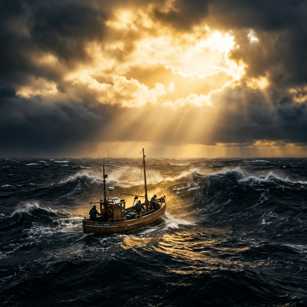 Small fishing boat sailing through rough waves beneath sunlit storm clouds