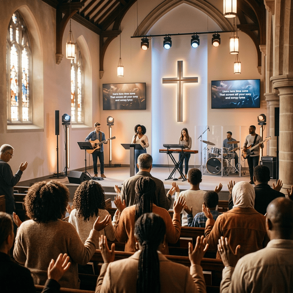 Diverse congregation raising hands during worship inside a church