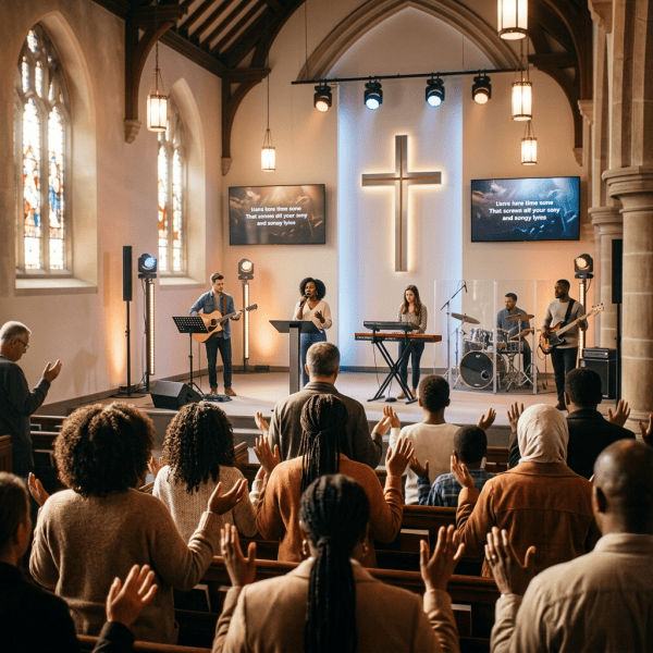 Diverse congregation raising hands during worship inside a church